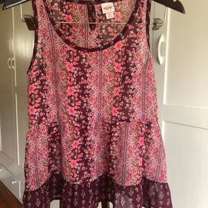 Mossimo Maroon and Pink Floral Sprigged Tank Top S